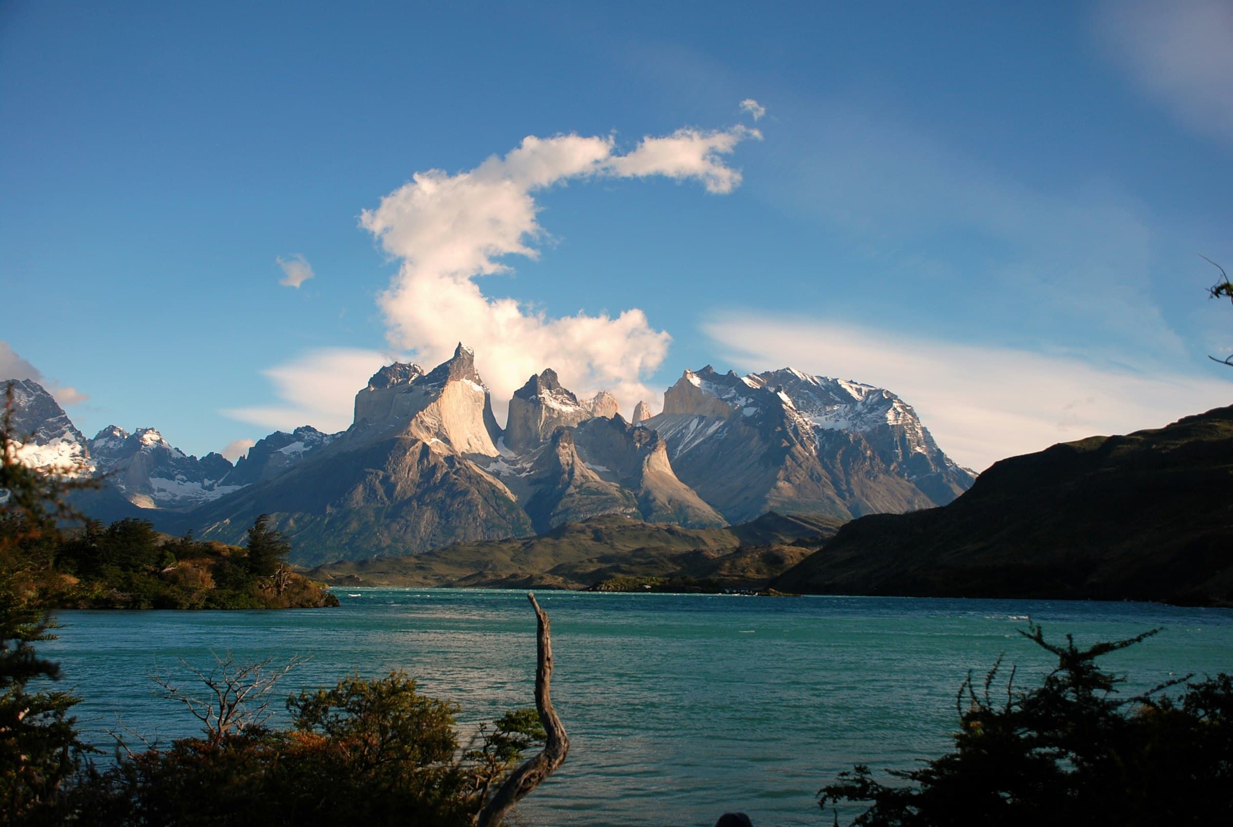 Dramatic Patagonian mountain range reflected in a still glacial lake