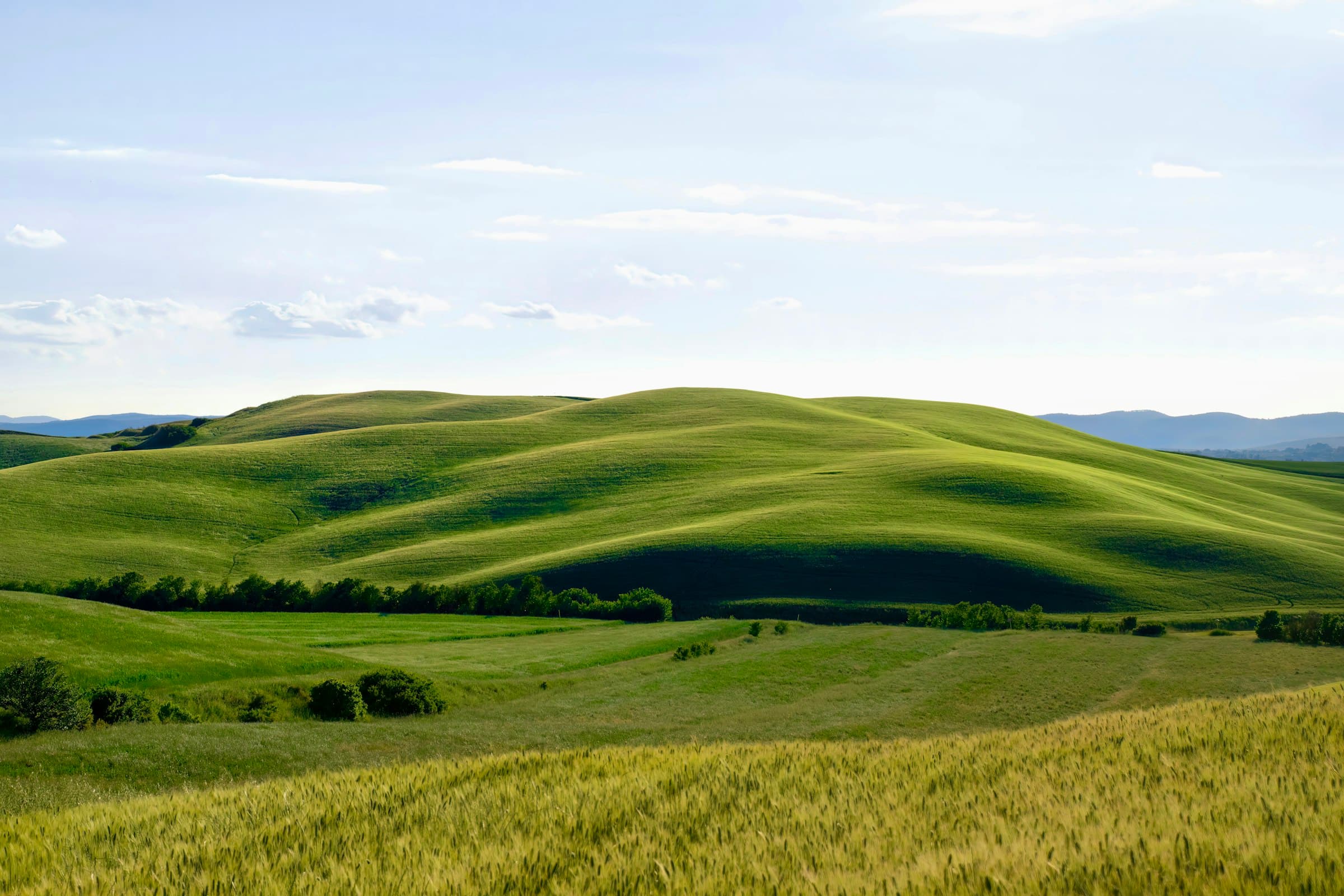 Rolling green hills of the Tuscan countryside under a bright sky