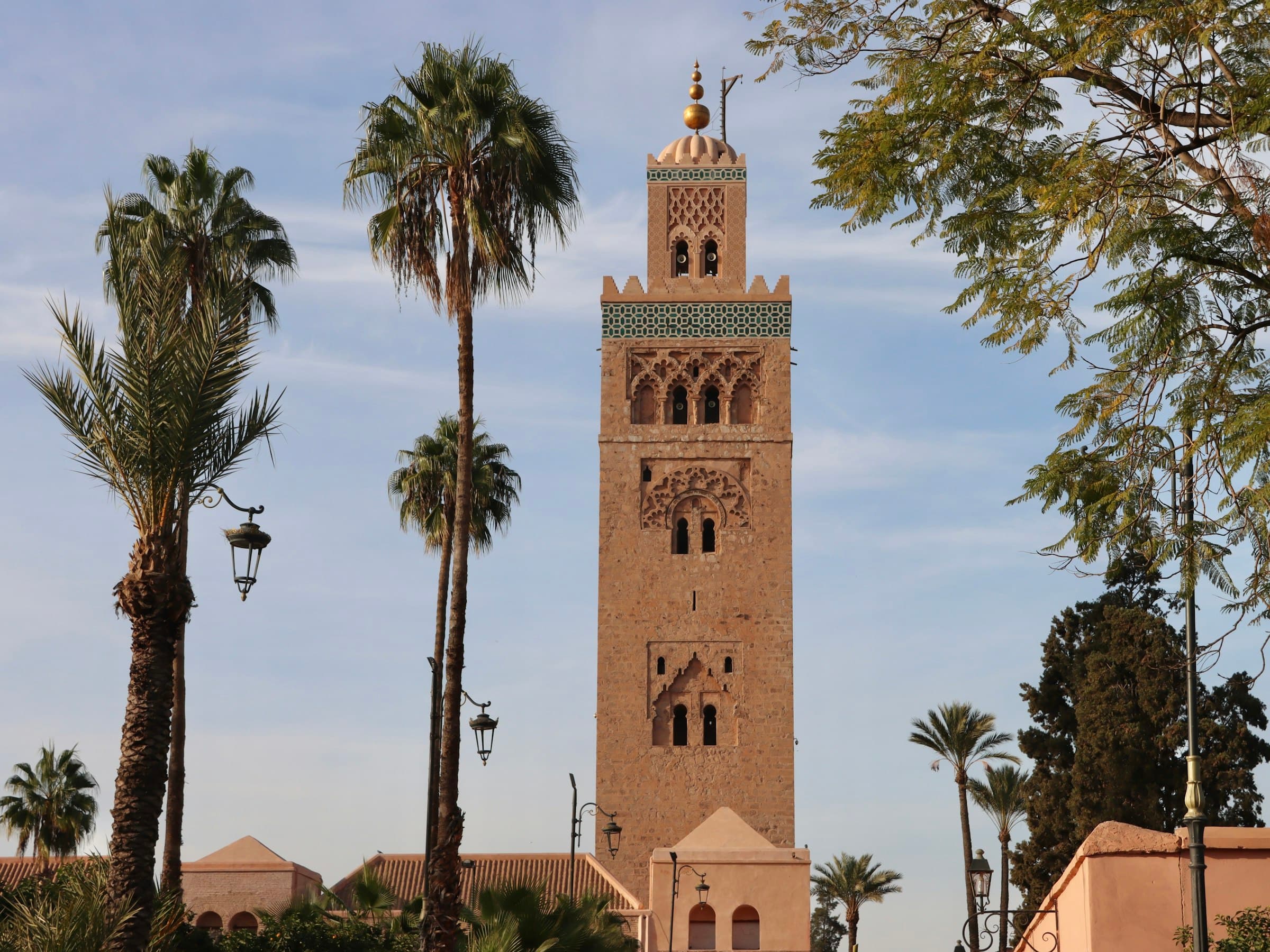 The Koutoubia Mosque minaret towering over the city of Marrakech